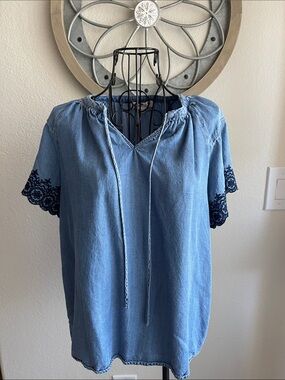 Nanette Lepore Light Blue Chambray Tie-Neck Top with Navy Embroidered Sleeves